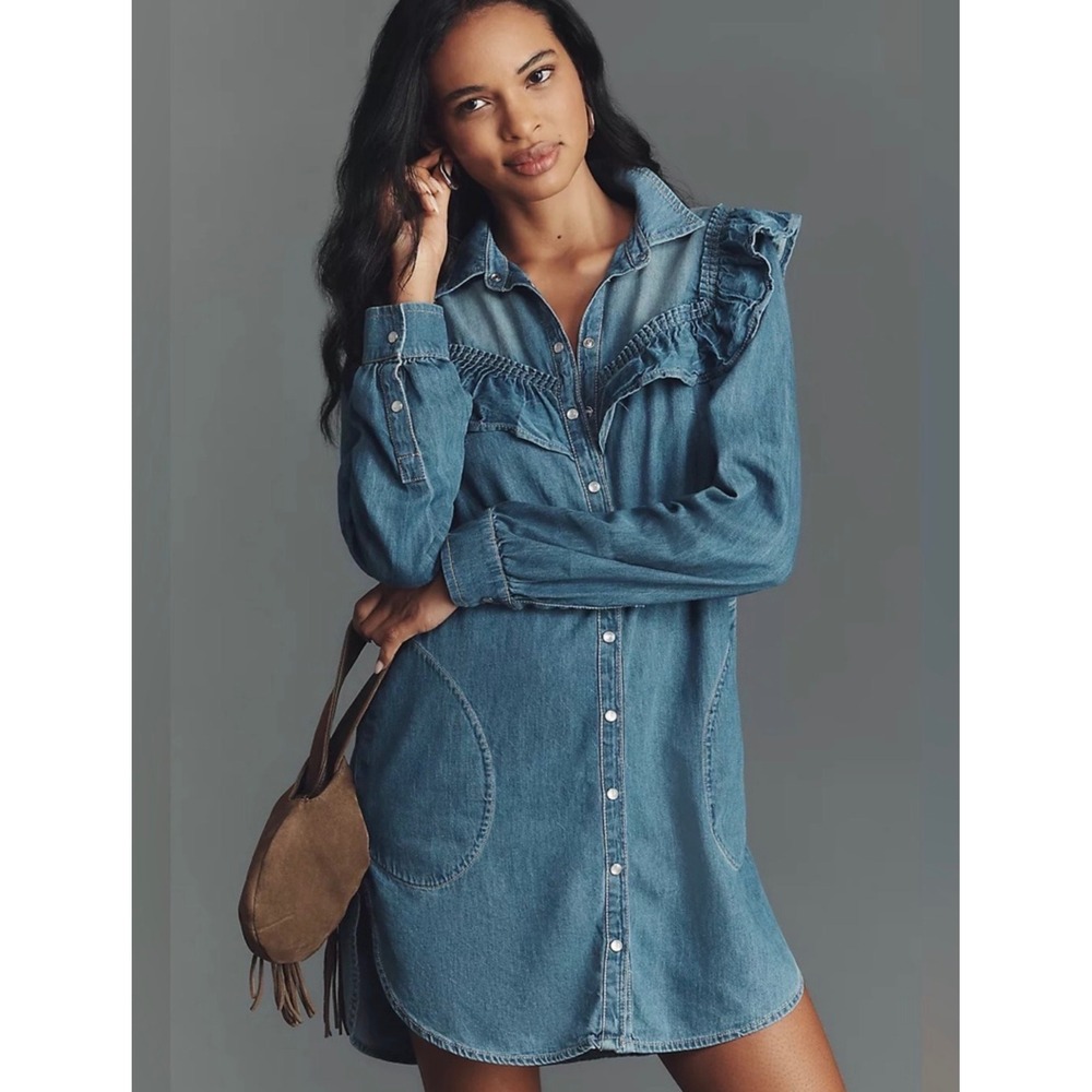 Pilcro Anthropologie Denim Ruffle Snap Front Shirt Dress Medium Wash Blue Small - Picture 9 of 9
